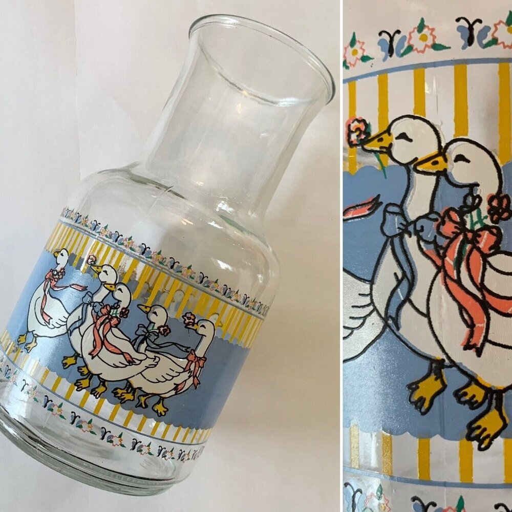 Vintage Glass Carafe Jug Decanter Country Goose Cottagecore Blue Anchor Hocking